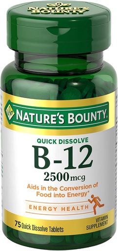 [BRSWIBAROJ6QCFLG] Nature’s Bounty Vitamin B12 2500 mcg, Cellular Energy Support, for Energy Metabolism, Heart & Nervous System Health, 75 Quick Dissolve Tablets