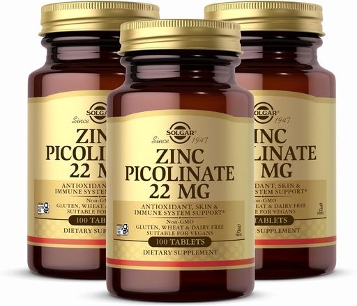 [BRSWIZY4A4NREDLK] Solgar Cink Picolinate 22 mg, 100 tabletta (csomag 3) - Promotes Egészséges bőr - Támogatja az immunrendszert, Normál íz és látás - Antioxidáns - Non-GMO, Vegan, Gluten Free, Kosher - 300 összes szerve