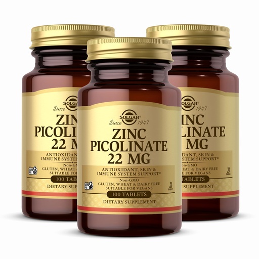 [BRSWIZY4A4NREDLK] Solgar Zinc Picolinate 22 mg, 100 Tablets (Pack of 3) - Promotes Healthy Skin - Supports Immune System, Normal Taste & Vision - Antioxidant - Non-GMO, Vegan, Gluten Free, Kosher - 300 Total Servings