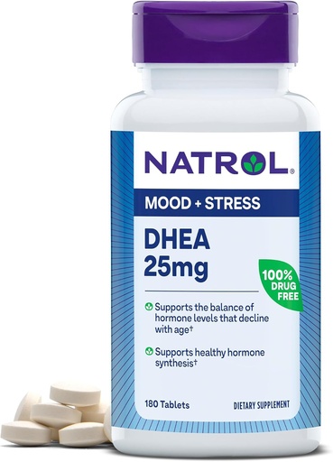 [BRSWIYQ6CFYQGG3G] Natrol Mood & Stress DHEA 25mg with Calcium, Dietary Supplement for Balance of Certain Hormone Level and Mood Support, 180 Tablets, 180 Day Supply