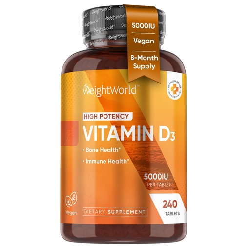 [BRSROBL2OQAQYADA] WeightWorld Vitamin D3 5000 IU for Bone, Teeth, Muscle & Immune Health - High Strength 240 Mini Tablets - Vegan D3 Vitamin 125mcg from Plant-Based Lichen | 8-Month VIT D3 Supply, Gluten-Free, Non-GMO