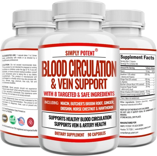 [BRSW22Q5DINBEELK] Blood Circulation & Vein Support Supplement, 90 Caps, Helps with Spider and Varicose Veins, Supports Vessels, Leg and Cardiovascular Health with Niacin, Ginger, Cayenne Pepper