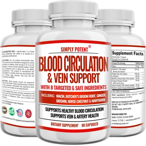 [BRSW22Q5DINBEELK] Simply Potent Blood Circulation & Vein Support Supplement, 90 Caps, Helps with Spider and Varicose Veins, Supports Vessels, Leg and Cardiovascular Health with Niacin, Ginger, Cayenne Pepper