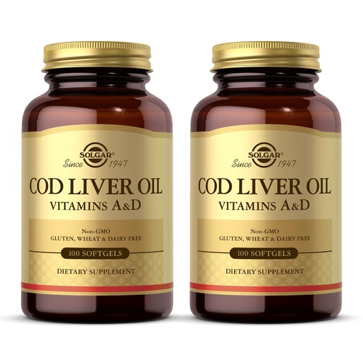 [BRSWIZ32A57QMDI7] Solgar Cod Liver Oil - 100 Softgels, Pack of 2 - Provides Vitamins A & D - Non-GMO, Gluten Free - 200 Total Servings