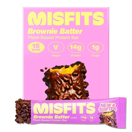 [BRSRAYYBBFYAED3G] Misfits Vegan Protein Bars, Brownie Batter - Updated Recipe | Plant Based, Low Sugar & Carb, High Fiber Snacks | Pack of 15