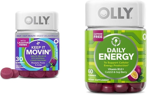 [BRSRAYYYBENA4CYU] OLLY Constipatie Relief 30ct, Energy Gummy 60ct - Rabarber pruimen Amla Berry, B12 CoQ10 Goji Tropical