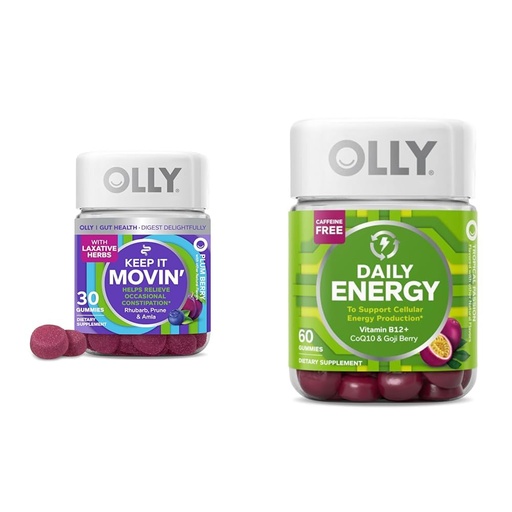[BRSRAYYYBENA4CYU] OLLY Constipation Relief 30ct, Energy Gummy 60ct - Rhubarb Prunes Amla Berry, B12 CoQ10 Goji Tropical