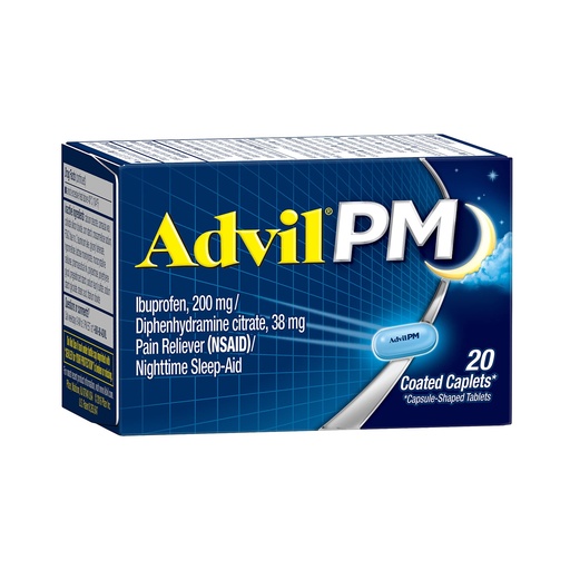 [BRSWIYQGCEOAAAY5] Advil PM (20 Count) Pain Reliever/Nighttime Sleep Aid Coated Caplet, 200mg Ibuprofen, 38mg Diphenhydramine