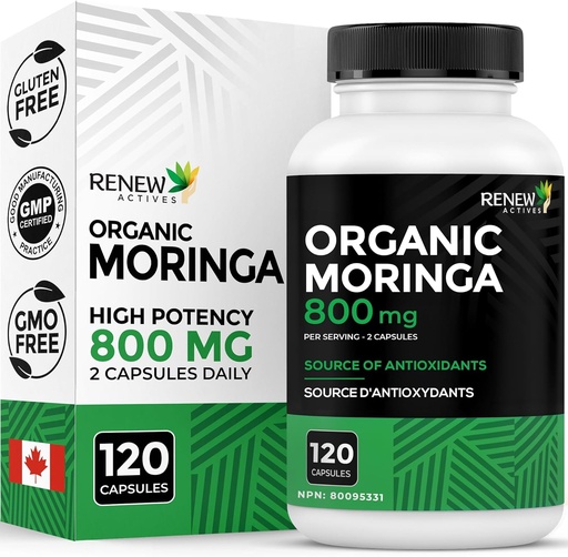 [BRSWYYY2AADWGEQ7] Renew Actives Moringa Leaf Supplement 800MG per 2 Capsules- Antioxidant-Rich Moringa Oleifera - Promotes Good Health & Wellness - Easy to Swallow - Made in Canada - 120 Capsules