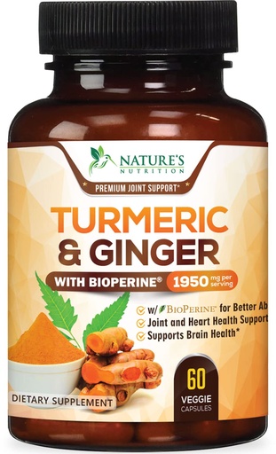 [BRSWG2Q2BEAWADY6] Turmeric Curcumin Supplement - 95% Curcuminoids with Organic Turmeric & Ginger, BioPerine Black Pepper Extract for Best Absorption, Natural Vegan Joint Support, Non-GMO, Bottled in USA - 60 Capsules