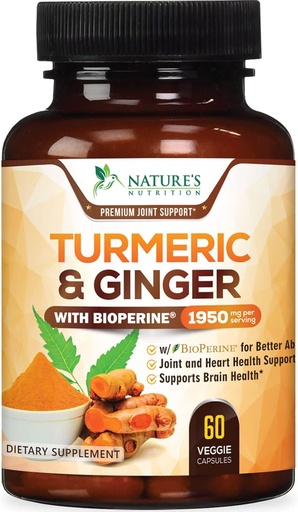 [BRSWG2Q2BEAWADY6] Turmeric Curcumin Supplement 1950mg - 95% Curcuminoids with Organic Turmeric & Ginger, BioPerine Black Pepper for Best Absorption, Nature's Vegan Joint Support, Non-GMO, Bottled in USA - 60 Capsules