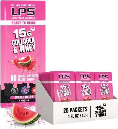 [BRSWYGQ2BYMW2E3X] LPS Liquid Collagen & Whey Protein Supplement - Non-GMO Drink, Sugar-Free - Promotes Healthy Skin & Hair for Men & Women, Watermelon, Single Serve (50 Packets)