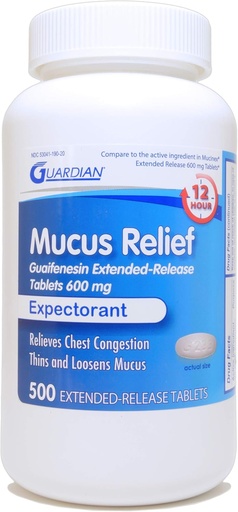 [BRSWYZQ6BUMWEGTV] 守护者 Mucus Relief, 600mg Guaifenesin 12小时扩展释放,胸前摄入预期器(500个瓶子伯爵)