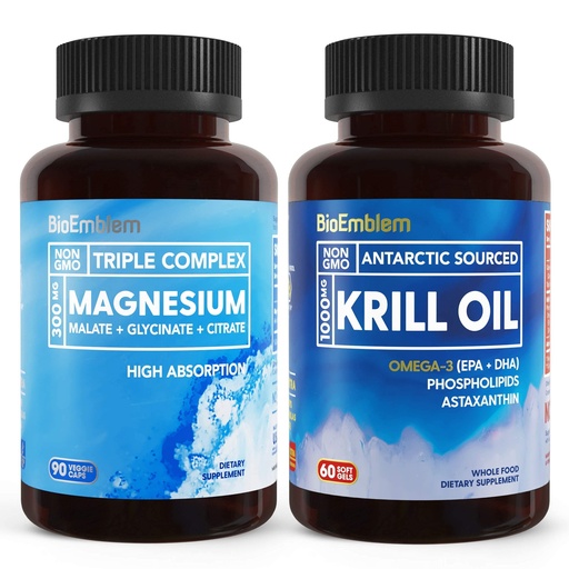 [BRSWYBLYCQCRYCDV] BioEmblem Triple Magnesium Complex and Antarctic Krill Oil, Supports Sleep and Brain Health, Heart and Joint Health, Promotes Cardiovascular Health, and Supports Relaxation
