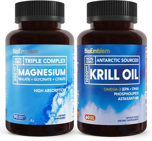 [BRSWYBLYCQCRYCDV] BioEmblem Triple Triple Magnesium Complex and Antarctic Krill Oil, Supports sleep and Brain Health, Heart and Joint Health, Promotes Cardiovascular Health, and Supports restation