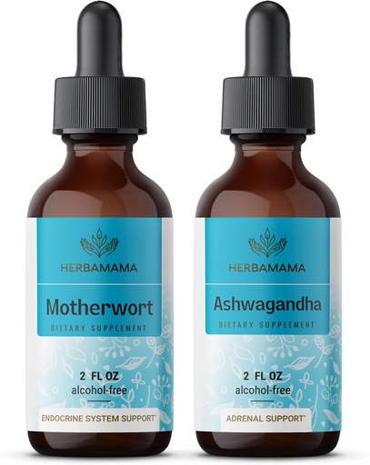 [BRSRAGIHBYMRS2Y2] HERBAMAMA Herbal Liquid Drops Kit - Bundle of Motherwort Extract & Ashwagandha Tincture 2 fl oz - Vegan, Non-GMO, Sugar & Alcohol-Free - 2 Pack
