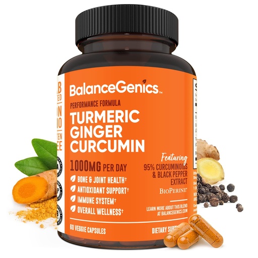 [BRSWGHD6C57RGHL5] Turmeric Curcumin Supplement with Black Pepper & Ginger Root 1000mg | Optimized Formula 95% Curcuminoids Curcuma | Joint Health & Inflammation Support | 60 Capsules Powder Filled