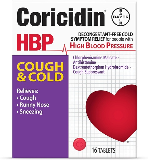 [BRSWK2YNB56B6GTC] Coricidin HBP Decongestant-Free Cough and Cold Medicine - Specially Designed Relief for High Blood Pressure, Cough, Runny Nose, Sneezing and Cold Symptoms (16 Count)