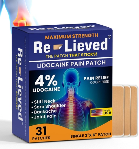 [BRSWGBACAEGRGA37] Re-Lieved 4% Lidocaine Patches Maximum Strength - Aluminum-Free, Water Resistant and USA Made -Superior Sticking Pain Relief Patches Quickly Relieves Back, Joints and Muscle Pain-3x6 Inches (31 Count)