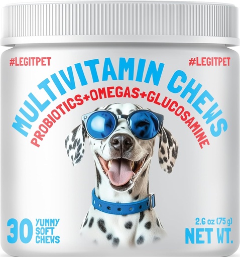 [BRSW2ZQ2OF4AGYDA] LEGITPET Dog Vitamins - 30 Multivitamins Chews w/Glucosamine Chondroitin, Probiotics Digestive Enzymes and Omegas - Supplement for Overall Health - Joint Support, Immune Health, Skin and Heart Health