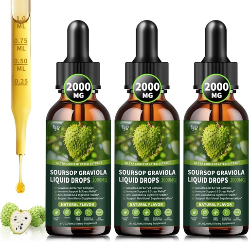 [BRSRAAANAEIREEQ2] (3 Pack) Soursop Graviola Liquid Drops 2000mg, 98% Absorption for Cell Support & Regeneration, Immune Boost, Liver, Herbal Goodness, Soursop Bitters Liquid-Sugar/Gluten Free, Natural Flavor, 6 Fl Oz