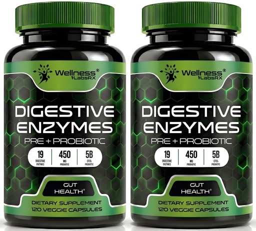 [BRSROBQCCAFBUFDO] Digestive Enzymes with Probiotics and Prebiotics, 450mg, 5 Billion CFUs - Pure Super Digestion Capsules - Digestive Enzymes for Women & Men Support Digestion & Gut Health - 120 Count (Pack of 2)