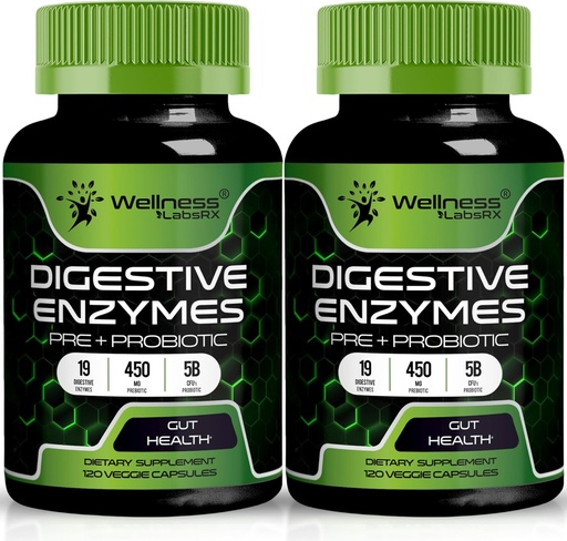 [BRSROBQCCAFBUFDO] Digestive Enzymes with Probiotics and Prebiotics, 450mg, 5 Billion CFUs - Pure Super Digestion Capsules - Digestive Enzymes for Women & Men Support Digestion & Gut Health - 120 Count (Pack of 2)