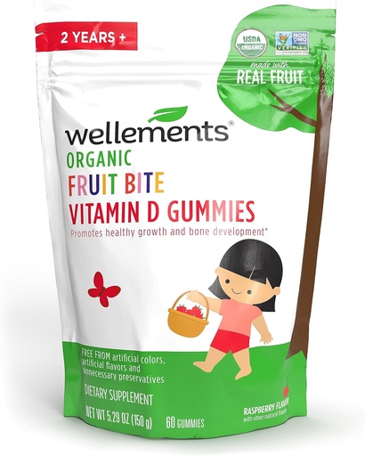 [BRSRMCA5OAPQ42D5] Wellements Organic Fruit Bite Vitamin D Gummies | Vitamin D3 Gummy for Kids, Supplement for Healthy Growth & Bone Development*, Raspberry Flavor | 60 Day Supply, Ages 2+