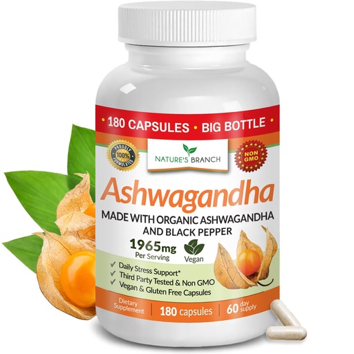 [BRSWGAAKDEHQGA3K] UDAF Certified Organic Ashwagandha with Black Pepper, 1965mg - Extra Strength for Stress, Sleep, Mood, Thyroid, Energy, Hair, Vegan Pure Root Extract Powder Supplement for Men and Women | 180 Capsules