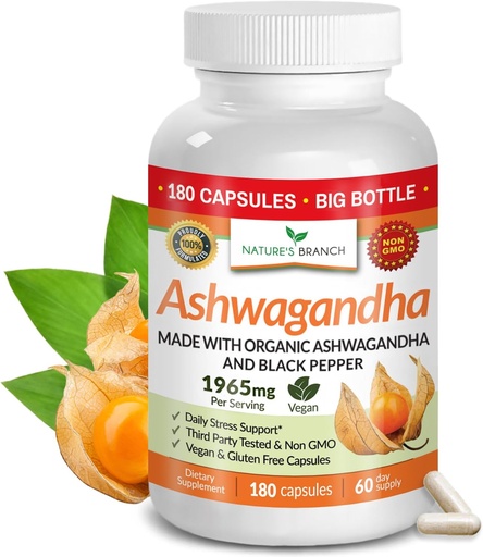 [BRSWGAAKDEHQGA3K] UDAF ha verificato Ashwagandha organico con pepe nero - 180 capsule - 1965mg di forza extra per lo stress, sonno, umore, tiroide, messa a fuoco, capelli, Vegan Pure Root Extract Powder - Men and Women Supplements