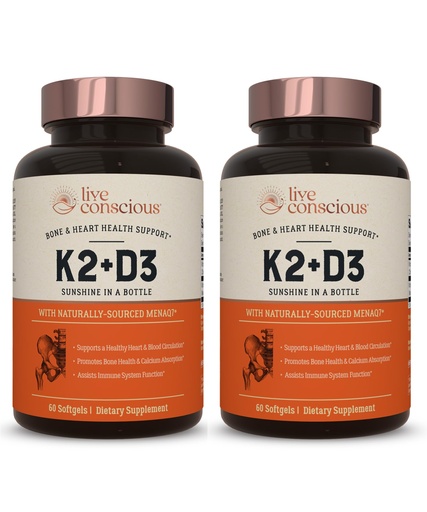 [BRSW2FIFOR5RSFDX] Live Conscious Vitamin K2 MK7 with D3 Supplement | Bone & Heart Health Support - Patented Vitamin K & Vitamin D3 5000 IU (2-Pack)