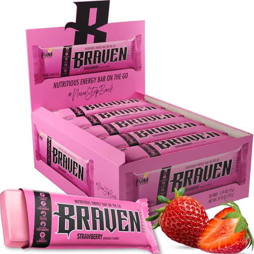 [BRSROYAZBYIQGGT4] Braven Bar Strawberry Energy Bars (1.59 oz, Pack of 20) – Energy Chews with 5g Protein – On-the-Go Energy Snacks for Running, Hiking, and Sports - Gluten Free Snacks for Sustained Energy Boost