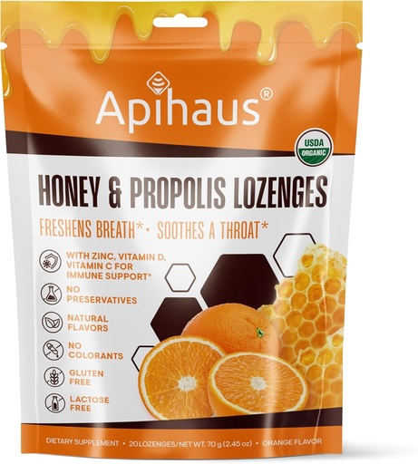 [BRSWIEYRAUAQMDLI] Honey and Propolis Lozenges Orange Flavor, Freshens Breath - Soothes a Throat- Immune Support with Vitamin C, Vitamin D and Zinc, 20 Count