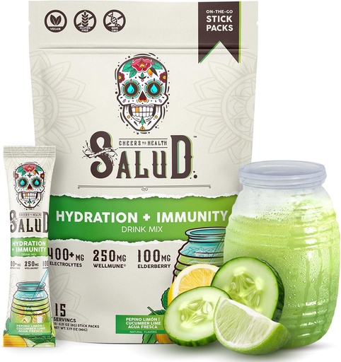 [BRSRMGI7BN4G2ELB] Salud 2-en-1 Packs d'hydratation + Immunity Electrolytes Poudre, Lime de concombre - Agua Fresca Mélange de boissons, Elderberry, Lait et Sans soja, Non-OGM, Sans gluten, Vegan, Basse-Calorie, 1g de sucre (15 portions)