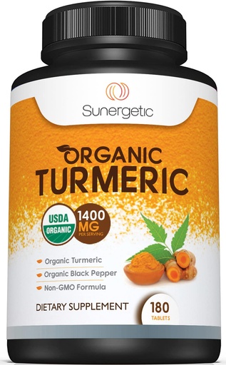 [BRSW2FI6PN6AGYD7] Sunergetic USDA Certified Organic Turmeric Supplement – Includes Organic Turmeric & Organic Black Pepper – 1,400mg of Turmeric per Serving - 180 Count (Pack of 1)