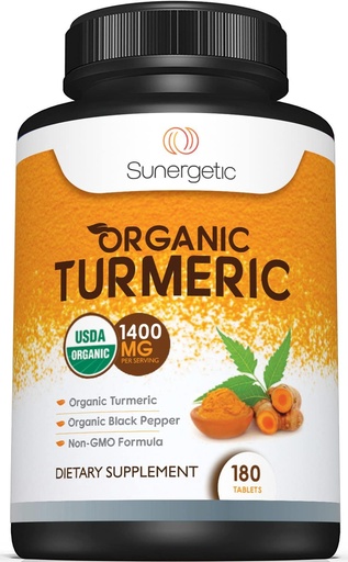 [BRSW2FI6PN6AGYD7] Sunergetic USDA Certified Organic Turmeric Supplement – Inkluderer organisk gurkemeie og organisk svart pepper – 1.400 mg gurkemeie per servering - 180 greve (pakke med 1)