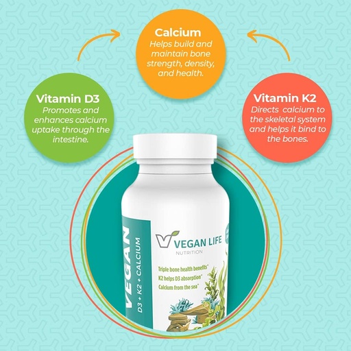 [BRSWYHQ6O4MGMA36] Vegan Life Nutrition Vitamin D3, K2 and Calcium Supplements, 60 Capsules
