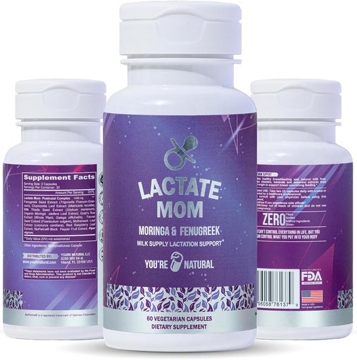 [BRSRMZYBBEGQ42DA] YOU'RE NATURAL Lactate Mom Postpartum Support Breastfeeding Vitamins for Mom & Baby, Organic Moringa, Milk Thistle, Fenugreek, Goat´s Rue and Chamomile 60 Vegetarian Capsules