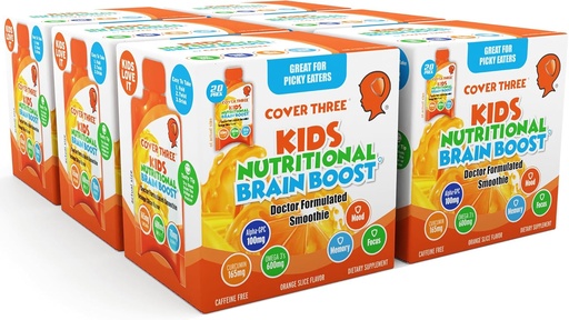 [BRSW2ZQDDIGWGETF] Cover Three Supplements for Kids Brain Supplement Smoothie, Omega 3 Liquid Childrens DHA Fish Oil, Health Kids Focus and Attention, Emotional Support, 20 Pouches, Pack 6