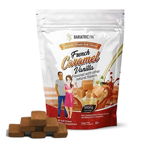 [BRSWGCANAV6GMYL4] BariatricPal Sugar-Free Calcium Citrate Soft Chews | 500mg with Vitamin D & Probiotics | French Caramel Vanilla | 90 Count (1 Month Supply)