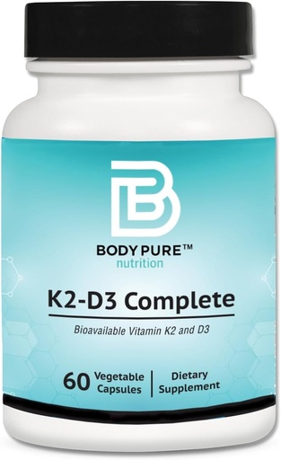 [BRSROBD6O4JRGAYV] Body Pure K2-D3 Complete - 5000iu of Vegan D3 & 45mcg of Vitamin K2 as MK7 (MenaQ7® PRO)| One a Day Formula, Non-GMO Verified, Vegan Certified, Gluten & Soy Free - 60 Capsules