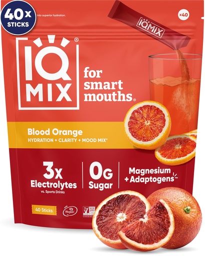 [BRSROBDRCNYGAAL3] IQMIX Hydration Electrolyte Powder – 4-in-1 Formula for Hydration, Mental Clarity, Mood and Recovery – Sugar-Free Drink Mix, Keto, Magnesium L-Threonate, Lion’s Mane – 40 Count Blood Orange