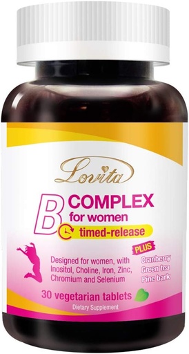 [BRSWYFAKDINBA2DD] Lovita B Complex Supplement for Women - High Potency Timed Release with Iron, Vitamin C, Cranberry, Pine Bark, Green Tea, 30 Vegetarian Tablets