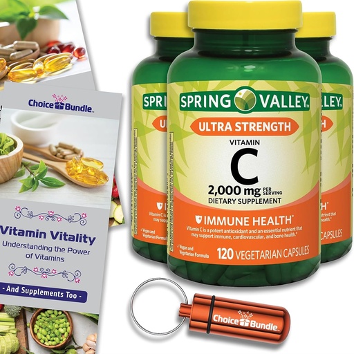 [BRSRAZA2BZ6AEADJ] Choice Bundle Spring Valley Ultra Strength Vitamin C Capsules Dietary Supplement 2,000 mg 120 Ct 3 pk (360 Total) + Vitamin Guide & Pill Container (5 Items)!