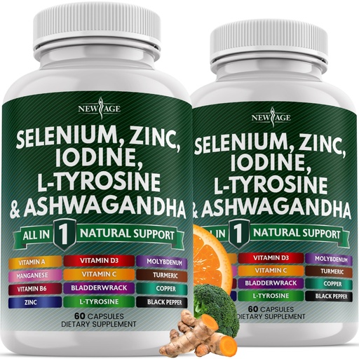 [BRSRAEIZA4PQYDYY] NEW AGE Selenium, Zinc, Iodine, L Tyrosine, Ashwagandha - Supplement for Women and Men with Bladderwrack, Turmeric, Silica Kelp, Schisandra - 120 Count