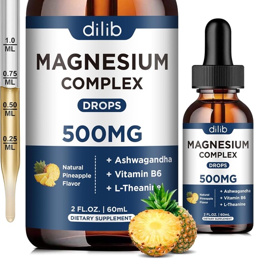 [BRSRO2Q5CVYGYYDJ] Triplo Magnésio Complexo Suplemento-Glicinato de Magnésio, Citrato, Malato Liquid Drops 500mg com Ashwagandha, L-Teanina, Vitamina B6 para acalmar, alívio de estresse, sono, apoio muscular-Pineapple Flavor
