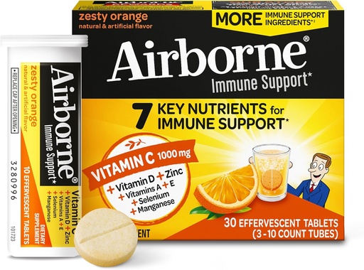 [BRSWIYQ6DEAGADTU] Airborne 1000mg Vitamina C con Vitamina D &amp; Zinc, Sugar Free Multivitamin Immune Support Suplemento, Antioxidantes Vitaminas A C & Vitamina E, 30 Tablas Effervescentes, Zesty Orange Flavor