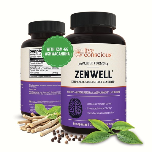 [BRSWGFIRDEBBMAIZ] Live Conscious KSM-66 Ashwagandha Supplement w/L Theanine & AlphaWave - ZenWell Everyday Stress Relief, Cognitive, Brain Health - Ashwagandha for Men & Women - 60 Capsules