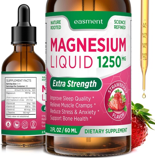 [BRSRAAY7B4DQAYA4] Magnesium Glycinate eta Citrate Liquid for Women: 1250mg Magnesium, B6 bitamina, D3, K2, eta L-Theanine Muscle Relaxation, Sleep Support eta Emakumeen eta Gizonen ongizate orokorra (2 Fl Oz 1)