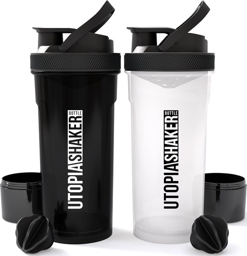 [BRSWGHY7A4FQKCQ3] Utopia Home Shaker Bottle 2 Pack - 24 Ounce Plastic Protein ou Cocktail Shaker Garrafa para pré e pós treino com Twist & Lock Protein Box Armazenamento (Todos pretos e claros / pretos)